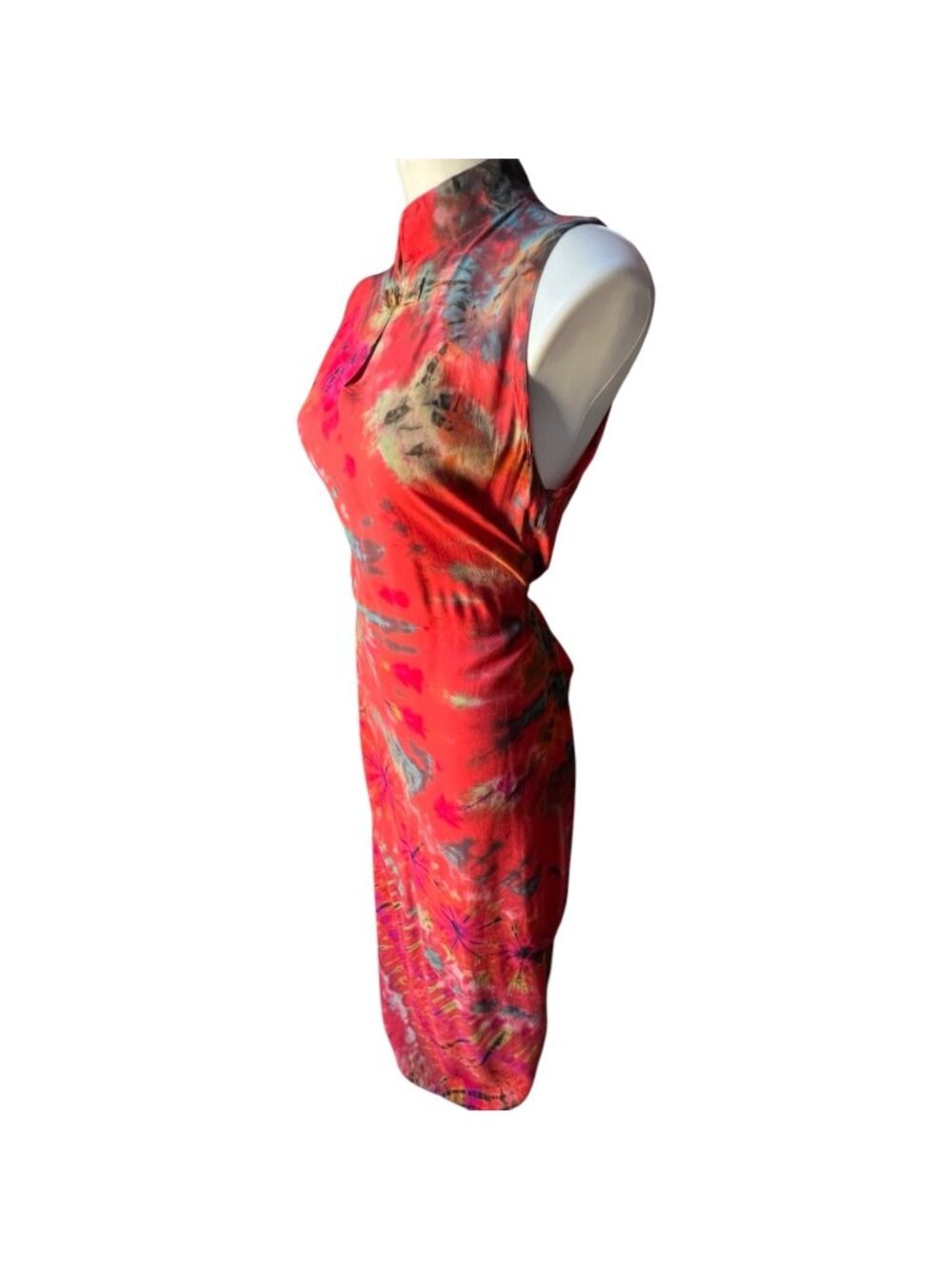 Asian Style Dress Maxi Tie-Dye Sleeveless Mandarin Collar Waist Ties Multicolor - Picture 4 of 11
